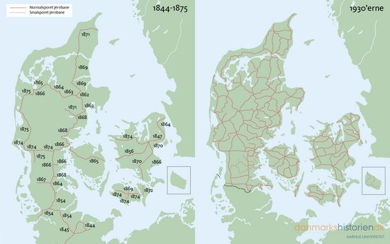 Kort over det danske jernbanenet fra 1840'erne til 1930'erne.