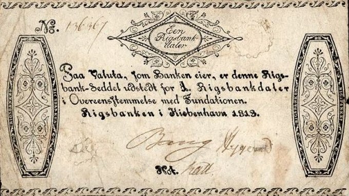 Rigsbankdalerseddel udstedt af den nyetablerede Rigsbank i 1813.