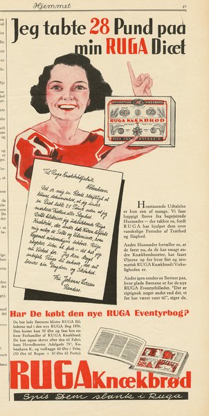 I ugebladet Hjemmet fra 1935 blev der med inspiration fra en appelform udviklet i USA reklameret for RUGA knækbrød