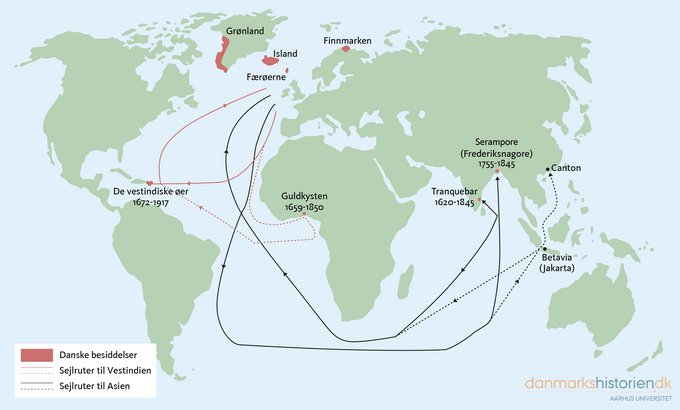 Kort over danske tropekolonier, nordatlantiske monopolhandelsområder og sejlruter mellem Danmark og tropekolonierne