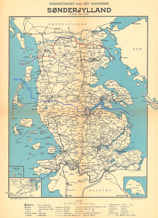 Oversigtskort over det historiske Sønderjylland med angivelse af grænserne fra henholdsvis 1864 og 1920