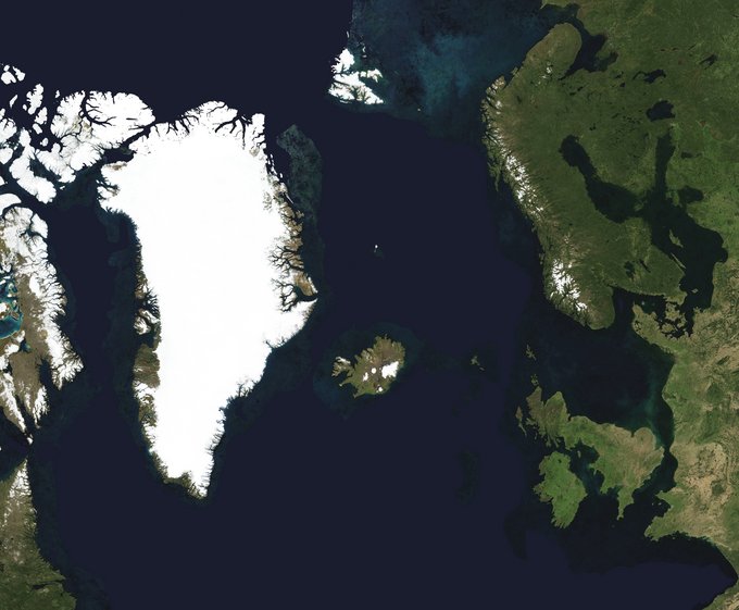 Satellite image of the Danish realm: Greenland, the Faroe Islands and Denmark