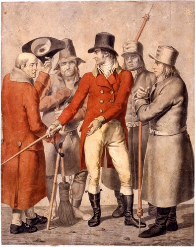 På billedet ses en slave med en kost og synlig fodlænke