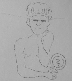 Illustration af nøgen kvinde, der sidder med den ene hånd under hagen og et kvindetegn med et spørgsmålstegn i midten i den anden hånd