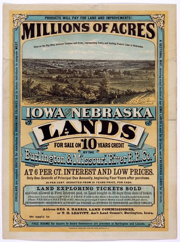 Reklame for præriejord til salg i Iowa og Nebraska