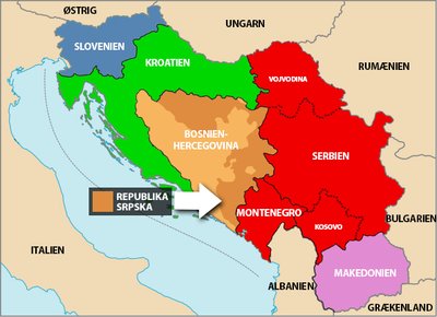 Jugoslavien under krigen i Bosnien 1992-1995, med markering af det område, der var kontrolleret af den serbisk dominerede Republika Srpska under krigen