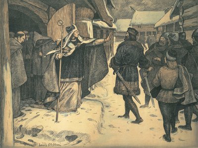 Biskop Vilhelm og Svend Estridsen. Illustration fra Danmarks Historie i Billeder. 