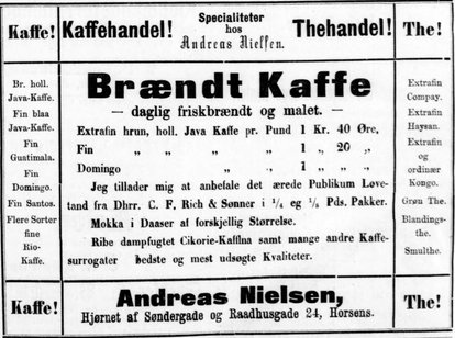 Annonce for Andreas Nielsens kaffe og thehandel, 1885