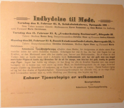 Flyveblad: Indbydelse til Møde fra Københavns Tjenestepigeforening, 1906. Arbejderbevægelsens Bibliotek og Arkiv. Foto: danmarkshistorien.dk.