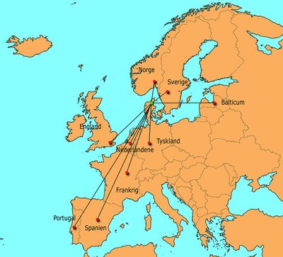 Kort over Jens Bangs udenrigske handelsnetværk, som det tog sig ud i 1620'erne og 1630'erne
