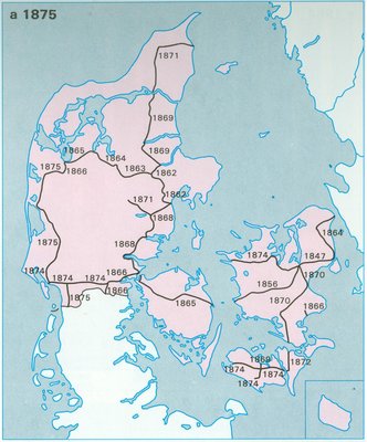 Kort over danske jernbanestrækninger oprette mellem 1847-1875
