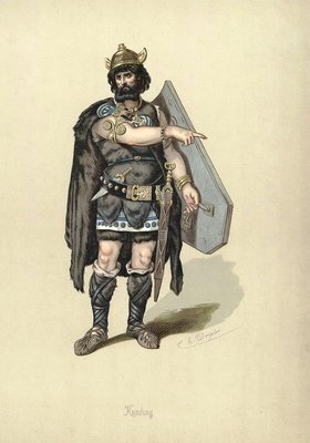 Carl Emil Doeplers kostumetegning til karakteren Hunding til opsætningen af Wagner-operaen Nibelungens Ring i 1876. 