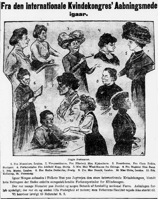 Politikens tegninger af kvinderne på socialistiske kvinders internationale kongres i Folkets Hus 1910