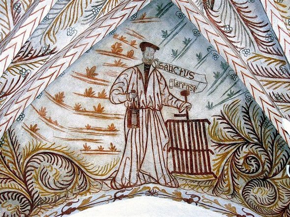 Kalkmaleri i Auning kirke. Martyerhelgenen Skt. Laurentius.