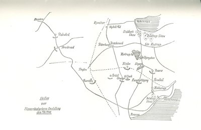 Skitse over danske troppers placering ved træfningen ved Hokkerup 9. april 1940