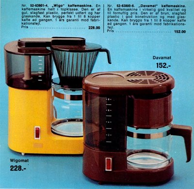 Reklame for to kaffemaskiner i efterårskataloget for Daells Varehus fra 1977. Fra kb.dk