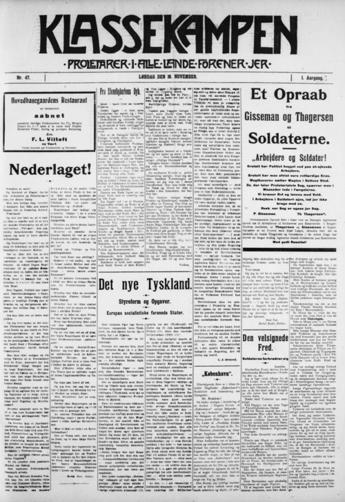 Forsiden af Klassekampen 16. november 1918