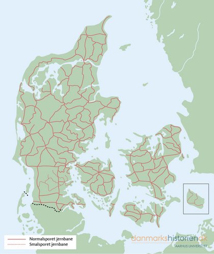 Kort over det danske jernbanenet i 1930.