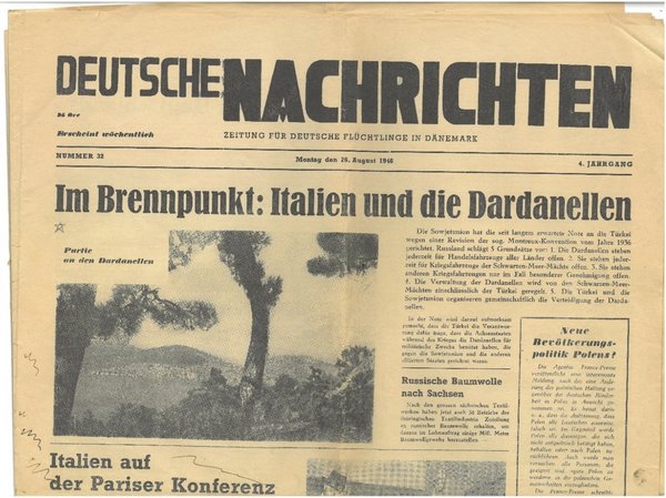 En forside af avisen Deutsche Nachrichten, Zeitung für deutsche Flüchtlinge in Dänemark