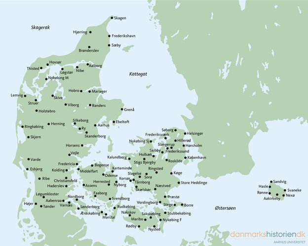 Kort over danske byer med købstadsprivilegier gennem tiden.