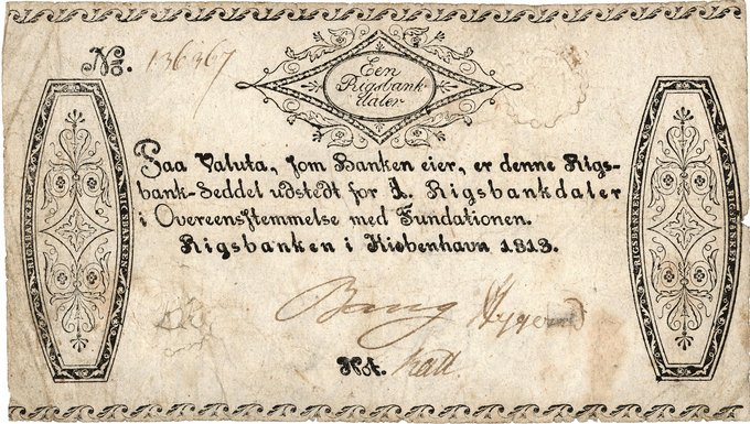 En rigsbankdalerseddel udstedt af den nyetablerede Rigsbank i 1813