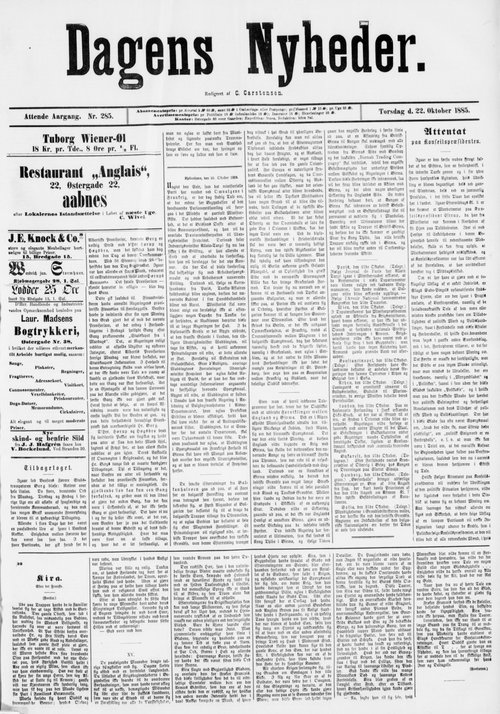 Forsiden af avisen Dagens Nyheder den 22. oktober 1885