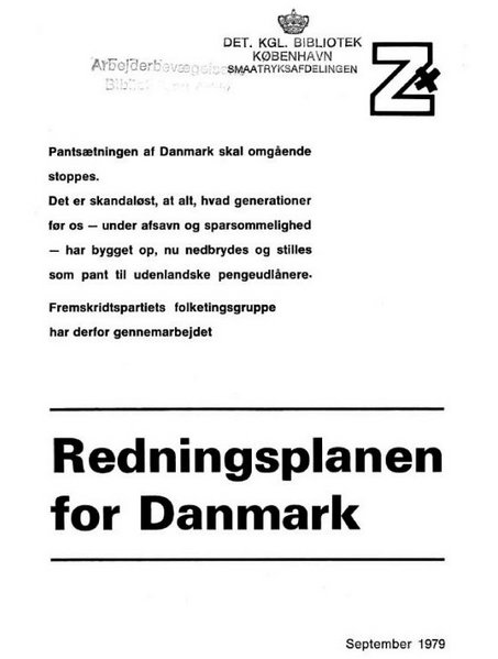 Forsiden til "Redningsplan for Danmark", pamflet fra Fremskridtspartiet, september 1979