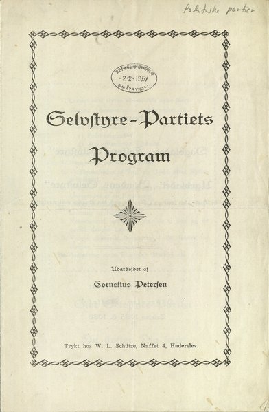 Forsiden af Selvstyrepartiets partiprogram fra 1924