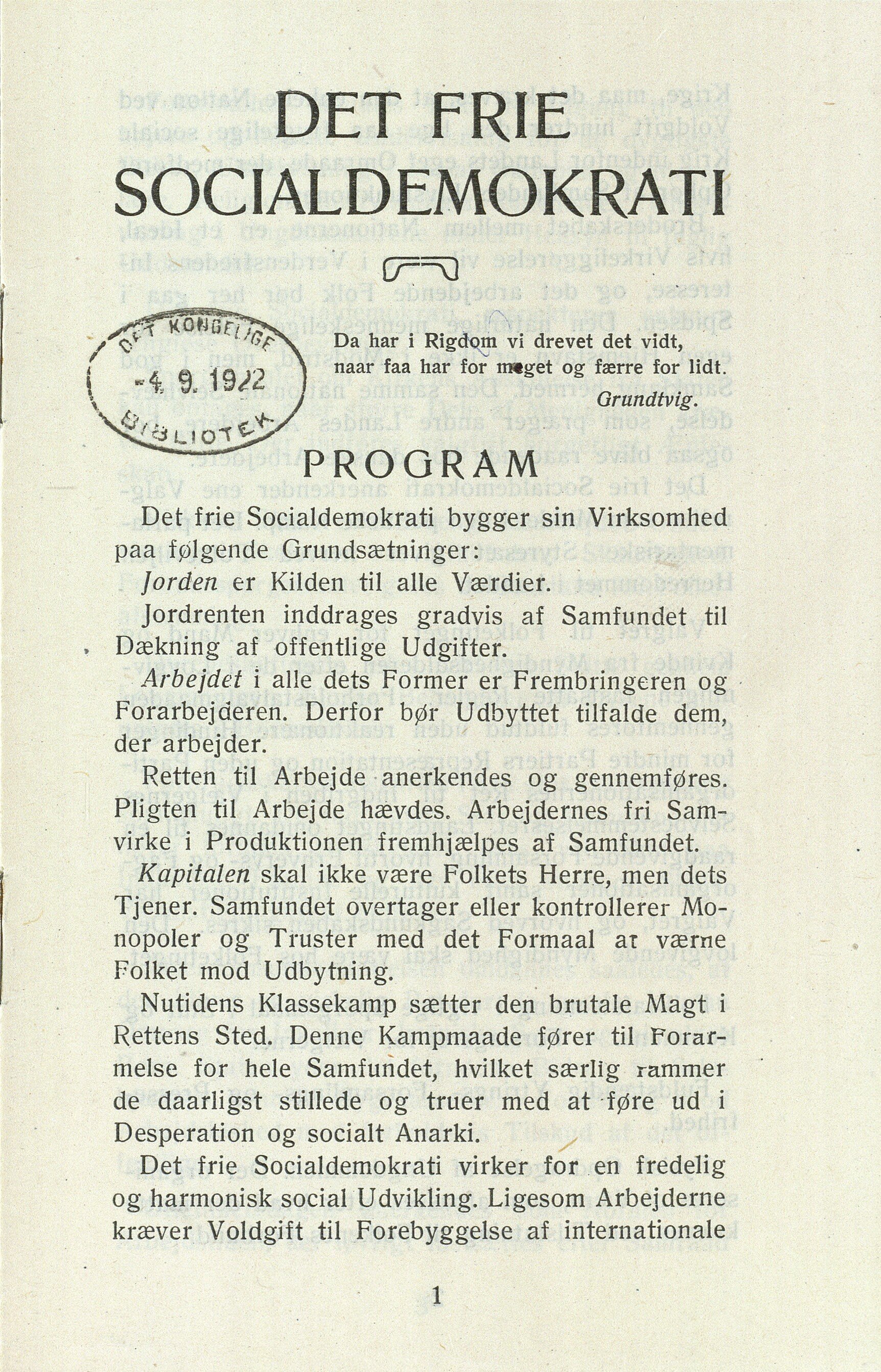 Det Frie Socialdemokrati: Partiprogram, 1922