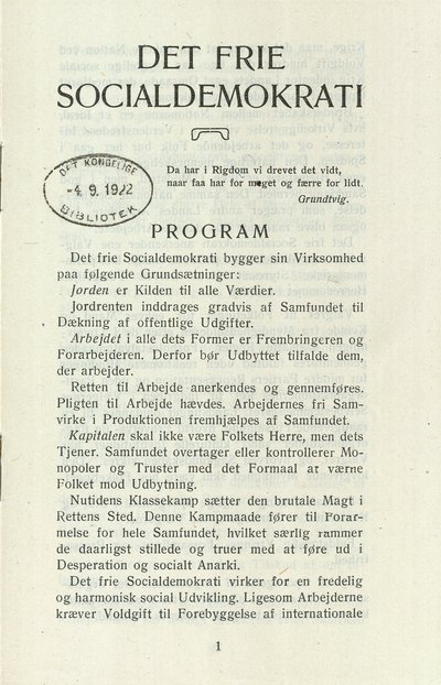 Det Frie Socialdemokratis partiprogram fra 1922