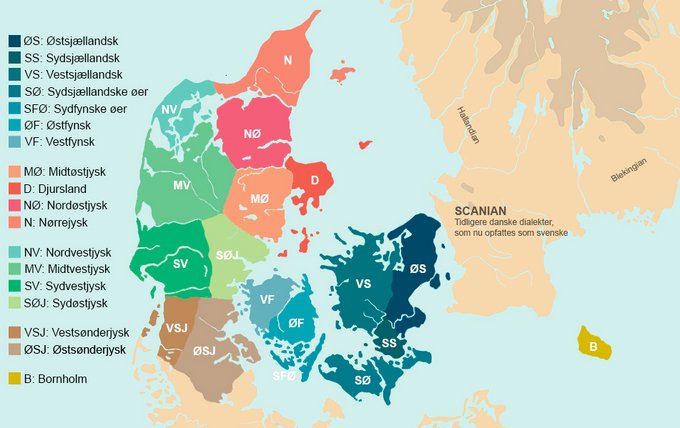 Et dialektkort over Danmark, som viser en inddeling af danske sprogområder