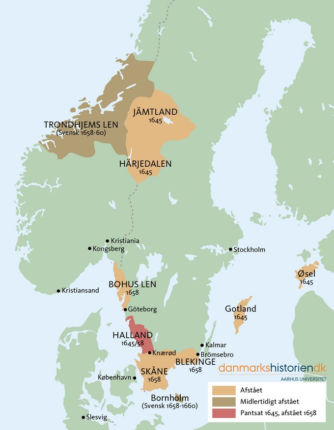 Kort over områder, som Danmark-Norge afstod til Sverige som følge af svenskekrigene