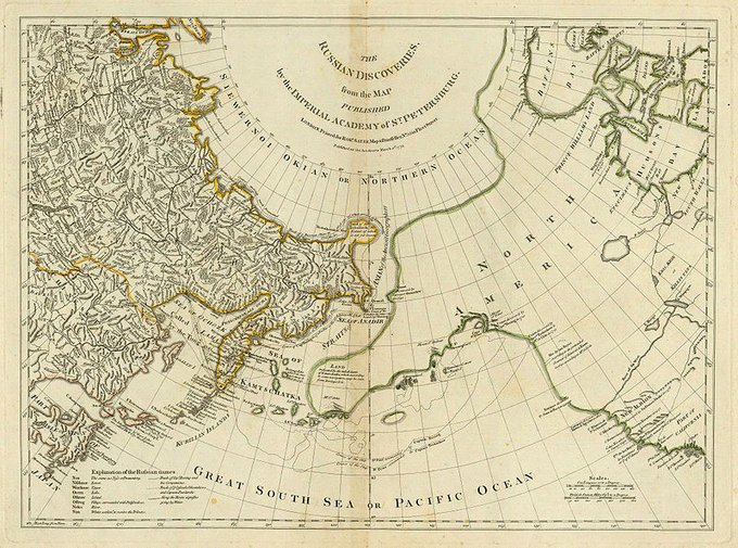 Kort fra 1700-tallet der blandt andet viser Vitus Berings rejser i området mellem Rusland og Alaska. 