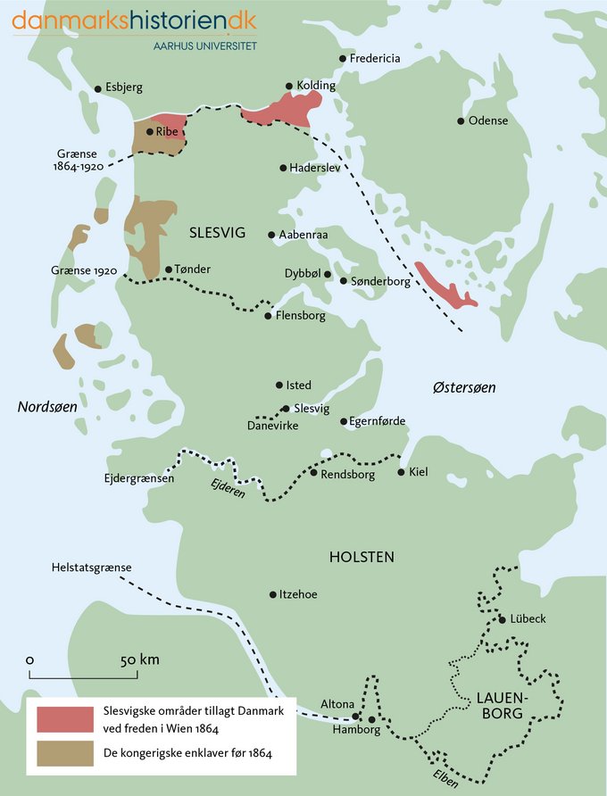 Slesvig og Holsten med grænserne til kongeriget i 1864 og 1920