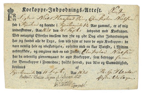 ”Koekoppe-Indpodnings-Attest” fra distriktslæge Knud Harder, som bevidner, at han har vaccineret halvandet år gamle Christopher Nielsen i Kerteminde på Fyn i september 1820
