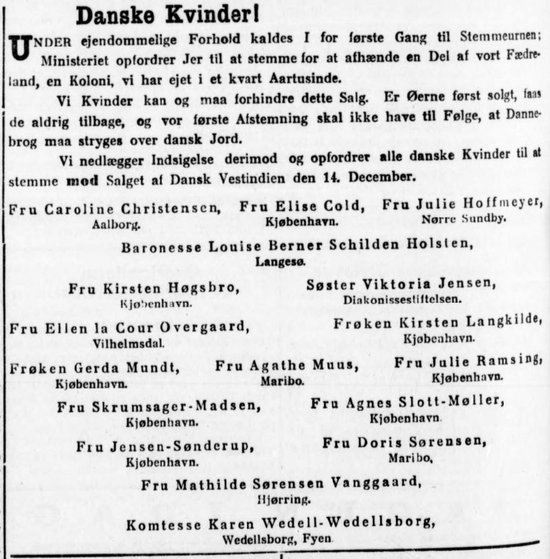 Annoncen med opfordring til kvinder om at stemme nej til salget af de Dansk Vestindiske Øer, 1916