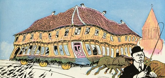 Karikaturtegning fra 1909 af det satiriske blad Klods-Hans med Peter Holm, der pisker hestene foran den rottebefængte Borgmestergård
