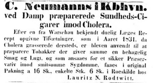 Avisannonce for de såkaldte "Sundheds-Cigarer imod Cholera"