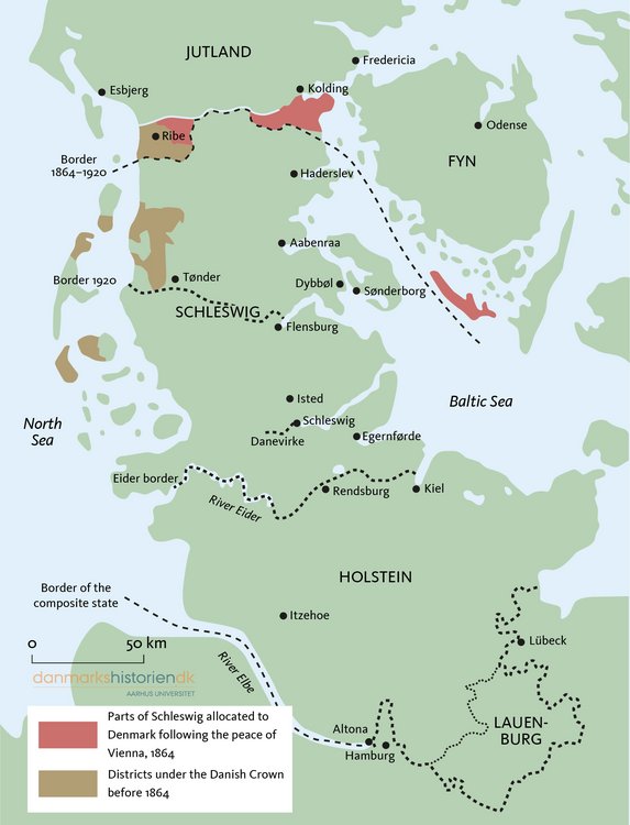 Schleswig and Holstein and their borders with the Danish kingdom in 1864 and 1920