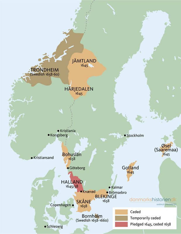 Map of the areas that Denmark-Norway ceded to Sweden as a result of the Swedish wars.