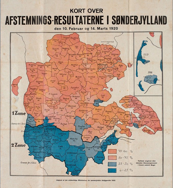 Kort over den danske stemmeandel i hvert sogn ved folkeafstemningerne i 1920