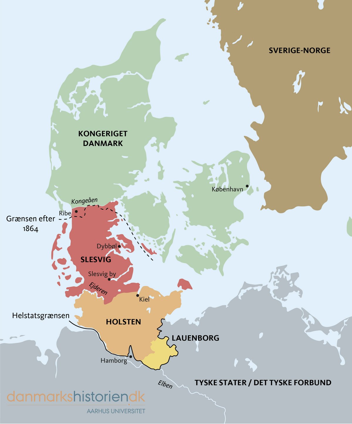 Fra 1814 til 1864 bestod Danmark af selve kongeriget Danmark samt af de tre hertugdømmer Slesvig, Holsten og Lauenborg