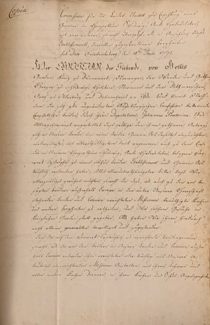 Forsiden af en samtidig kopi af koncessionen fra 1771.