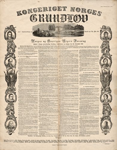 Fra 1830’erne og frem blev der i Norge produceret plakater af den norske grundlov i flere versioner. Denne plakat fra 1856 blev udgivet som tillæg til tidsskriftet Almuevennen