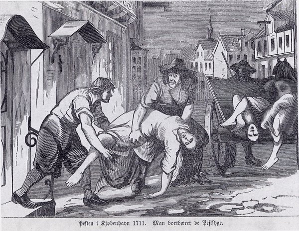 Pestepidemien i København i 1711 skildret på et historisk træsnit fra 1800-tallet