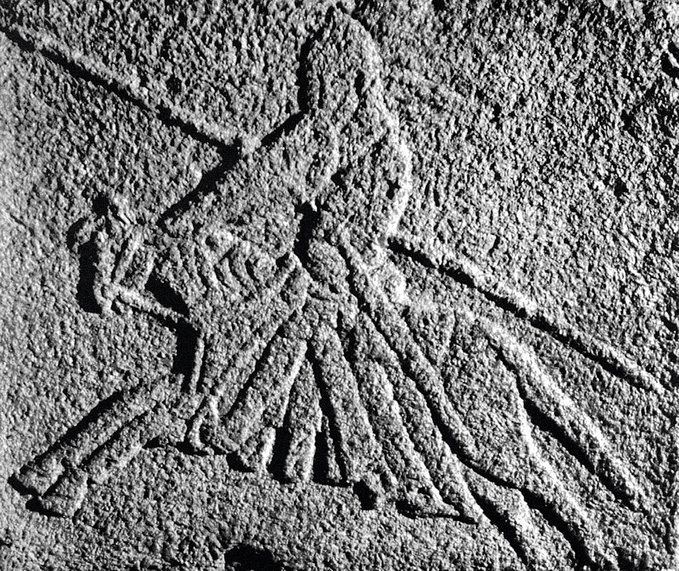 Granite block from Satrup Church in southern Schleswig depicting an aristocratic knight on horseback with lance, sword and shield