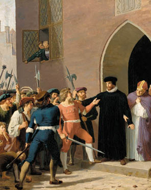 Hans Tausen beskytter biskop Rønnow mod de opbragte københavnske borgere