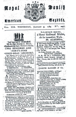 Royal Danish American Gazette 7. Januar 1789 med annonce for slaveauktion. (Kongelige Bibliotek).