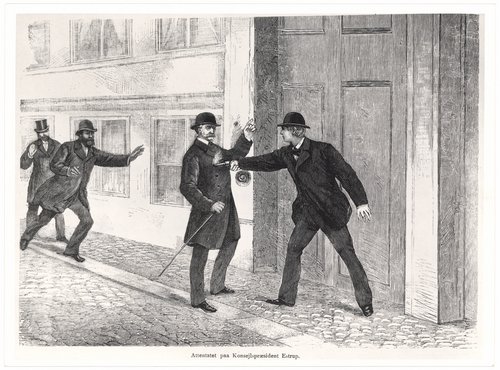 Samtidig tegning af attentatetforsøget fra Illustreret Tidende 25. okt. 1885