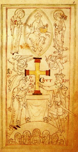 Knud den Store og Ælgifu/Emma dedikerer et kors til alteret i New Minster